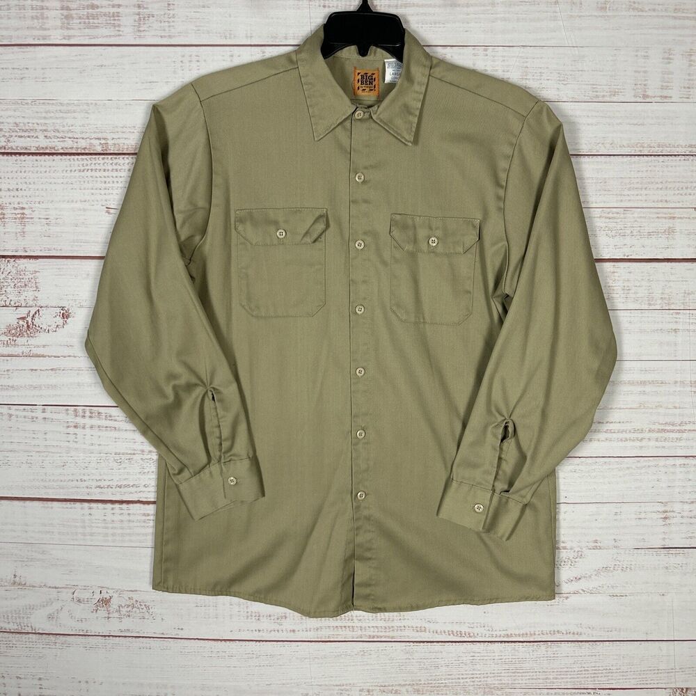 Vintage Big Ben Shirt Mens Large Khaki Pockets Long Sleeve Wrangler Workwear